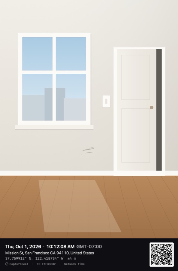 The demo capture: an empty room with the CaptureSeal stamp along the bottom